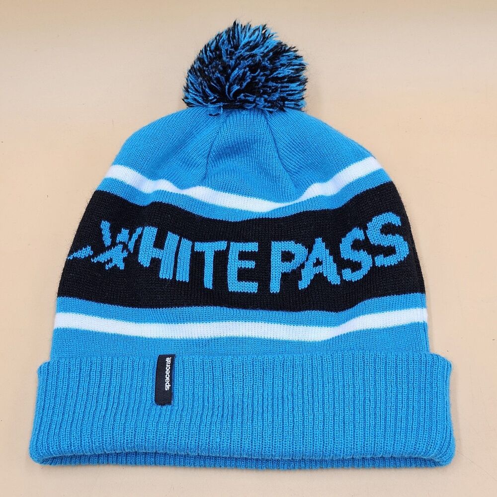 Spacecraft White Pass Ski Resort Pom Pom Beanie Hat Knit Cuffed Turquoise Blue